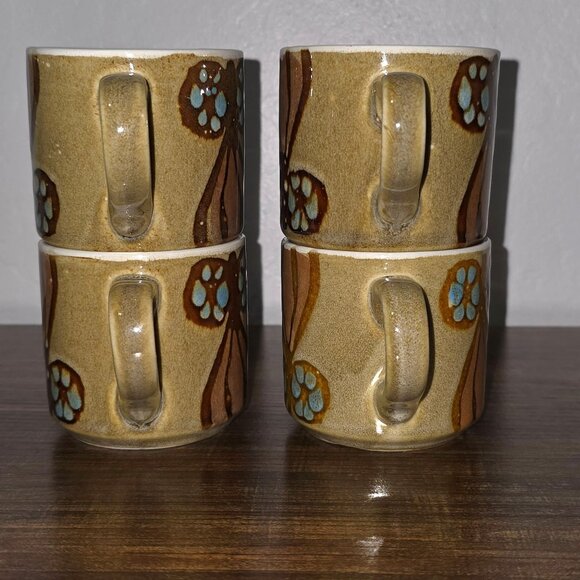 Set Of 4 Vintage MCM 1970s Ceramic Flower Print Coffee Cups/Mugs - READ - Picture 4 of 12